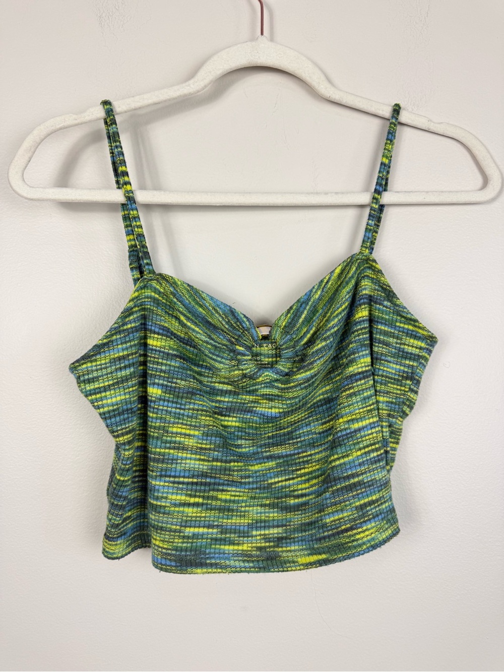 American Eagle Cropped Cami Large Green Blue Knit Space Dye Center Ring Y2K Soft